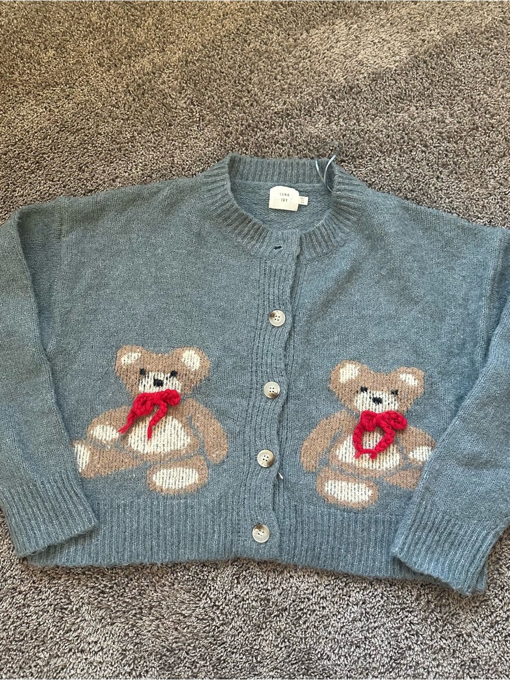 Gray Teddy Knit Button-Up Cardigan with Red Bow Accents